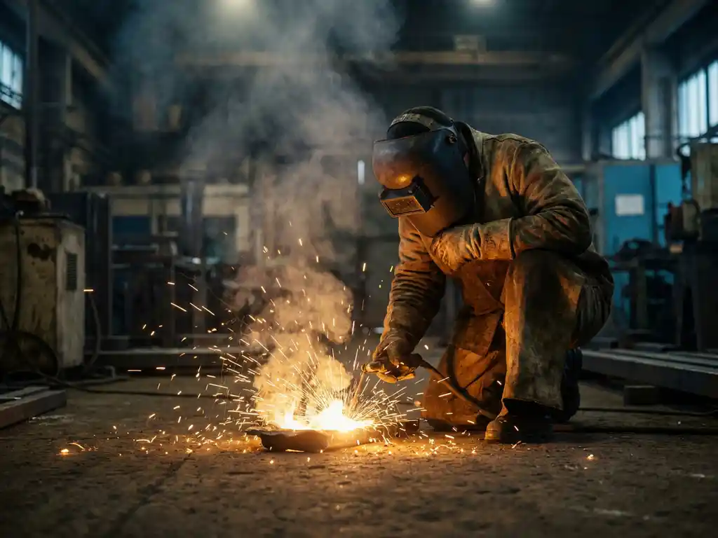 Schweißer in Schutzausrüstung und dunklem Helm beugt sich über glühendes Metall, goldene Funken sprühen durch dunkle Industriewerkstatt.