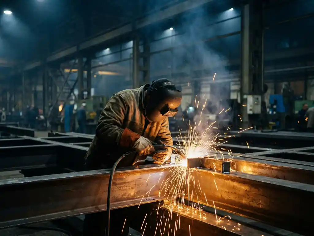 Schweißer in Schutzmaske kauert über Stahlwerkstück, goldene Funken erhellen die dunkle Industriehalle in warmem Bernsteinlicht.