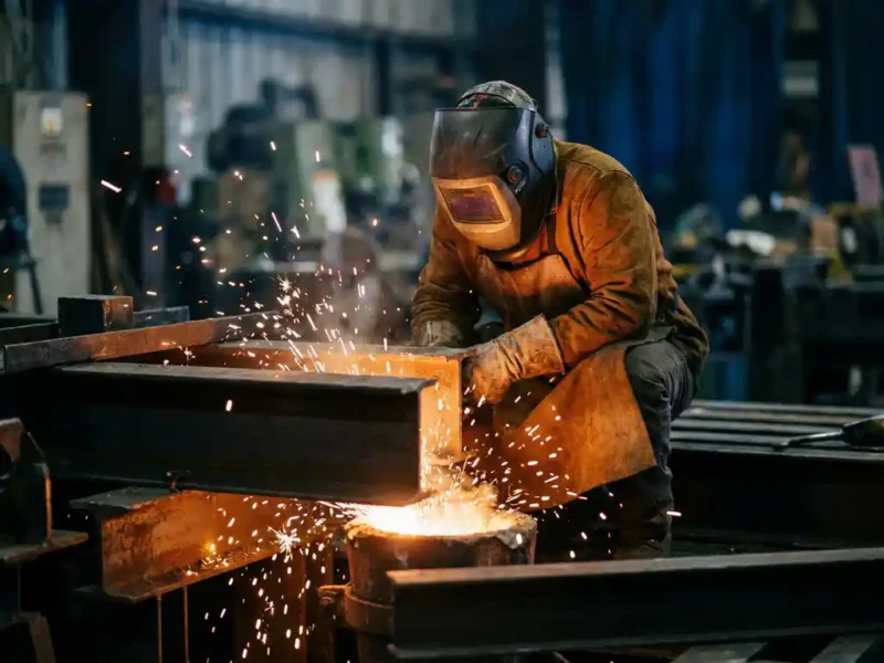 Schweißer in Schutzausrüstung und Auto-Dunkelhelm kauert über glühendem Metall, dramatische Funken in dunkler Industriewerkstatt.