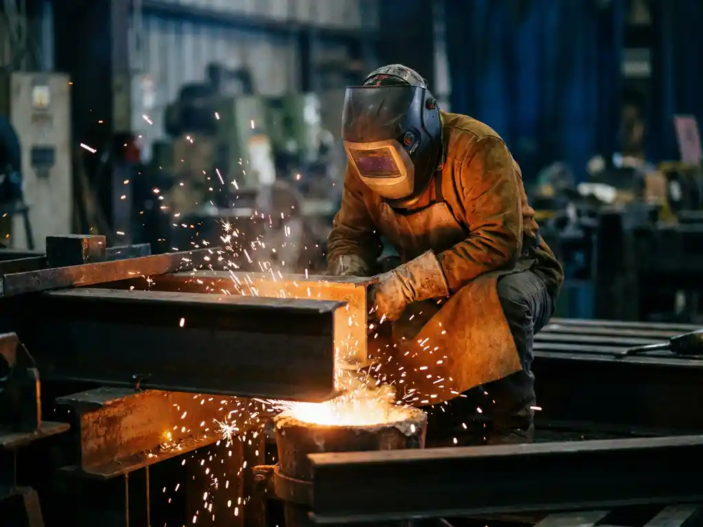 Schweißer in Schutzausrüstung und Auto-Dunkelhelm kauert über glühendem Metall, dramatische Funken in dunkler Industriewerkstatt.