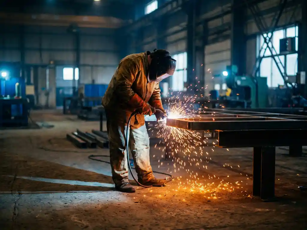Schweißer in Schutzausrüstung und dunklem Helm kauert über Metallwerkstück, orangefarbene Funken sprühen in dunkler Industriehalle.
