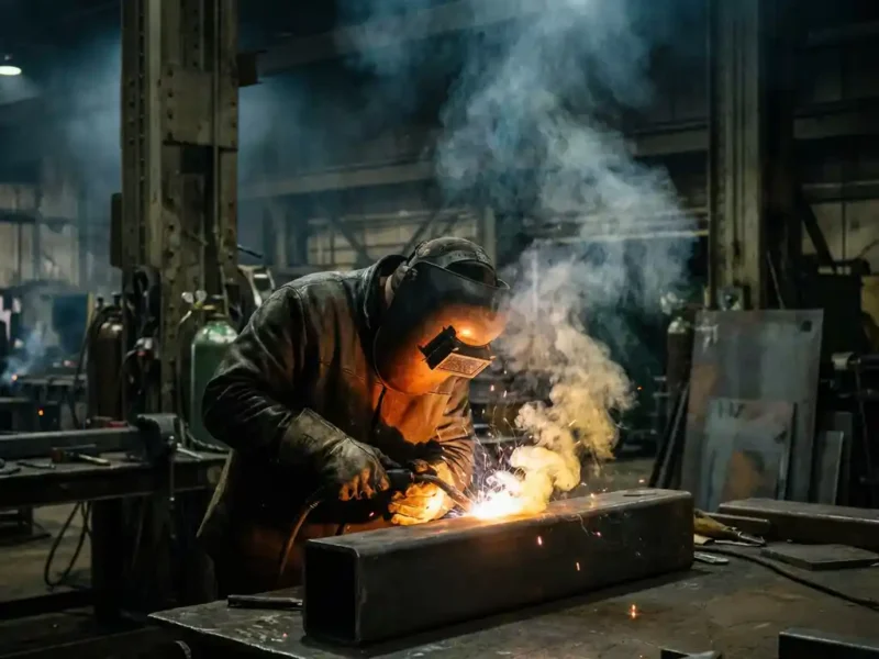 Schweißer in Schutzausrüstung mit aufsteigenden Rauchwolken über dem Schmelzbad in einer dunklen Industriewerkstatt.