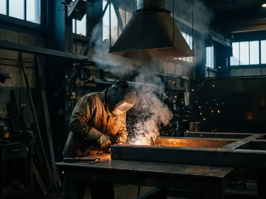Schweißer in Schutzausrüstung an Industriearbeitsplatz, Schweißrauch steigt in Absaughaube auf, glühende Funken im dunklen Werkstatthintergrund.