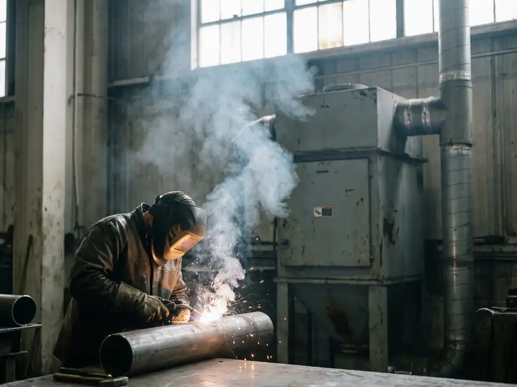 Schweißer in Schutzausrüstung an Industriearbeitsplatz, aufsteigender Schweißrauch, Filteranlage im Hintergrund.