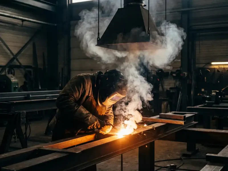 Schweißer in Schutzausrüstung über glühender Schweißnaht, weißer Rauch steigt in Industrieabsaughaube auf, Metallwerkstatt.