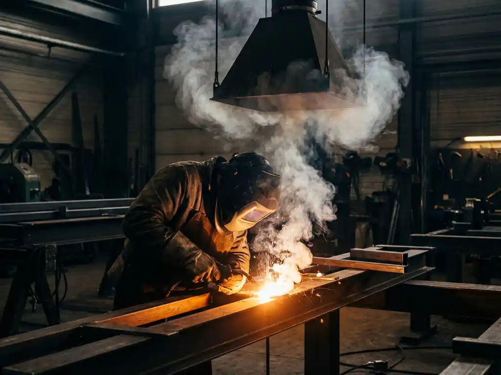 Schweißer in Schutzausrüstung über glühender Schweißnaht, weißer Rauch steigt in Industrieabsaughaube auf, Metallwerkstatt.