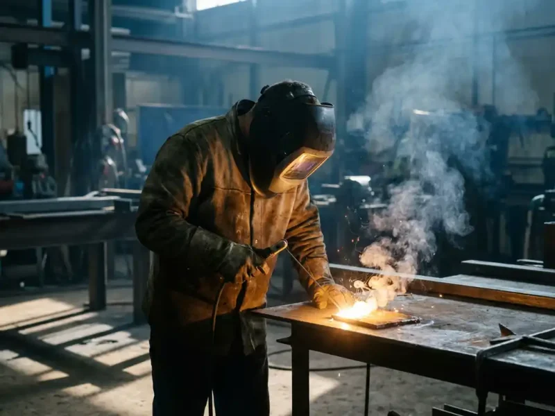 Schweißer in Schutzausrüstung mit aufsteigendem Schweißrauch über dem Schmelzbad in einer Industriewerkstatt.