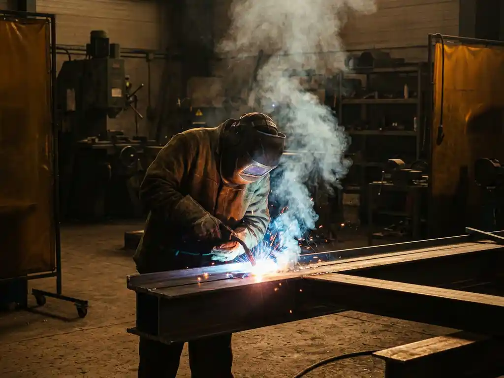 Schweißer in Schutzausrüstung arbeitet an glühender Schweißnaht auf Stahl, dichter Rauch steigt auf, dramatische Lichtbögen in Industriewerkstatt.