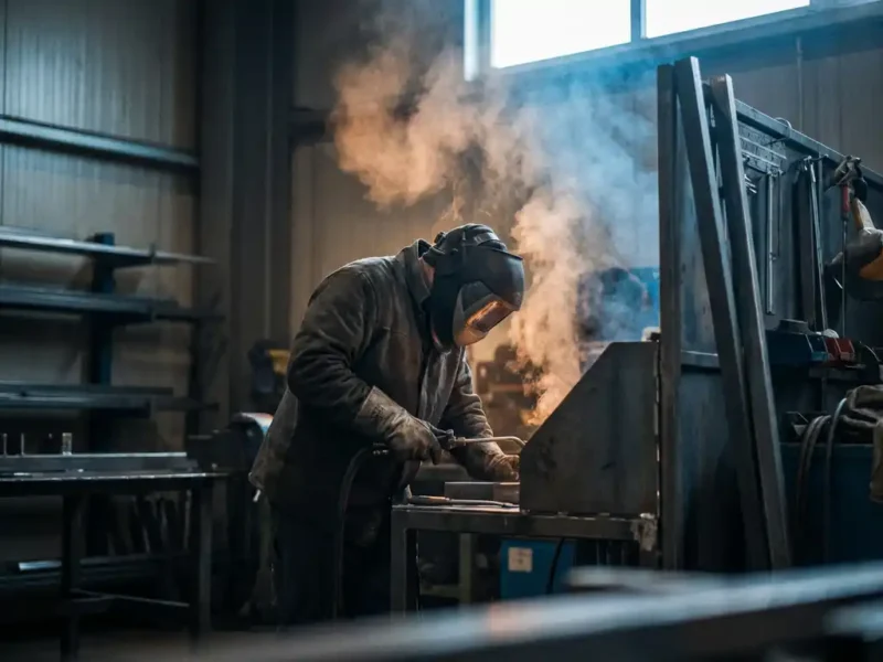 Schweißer mit Atemschutzmaske an einer Metallschweißstation, leichter Rauch im Gegenlicht einer Industriehalle.