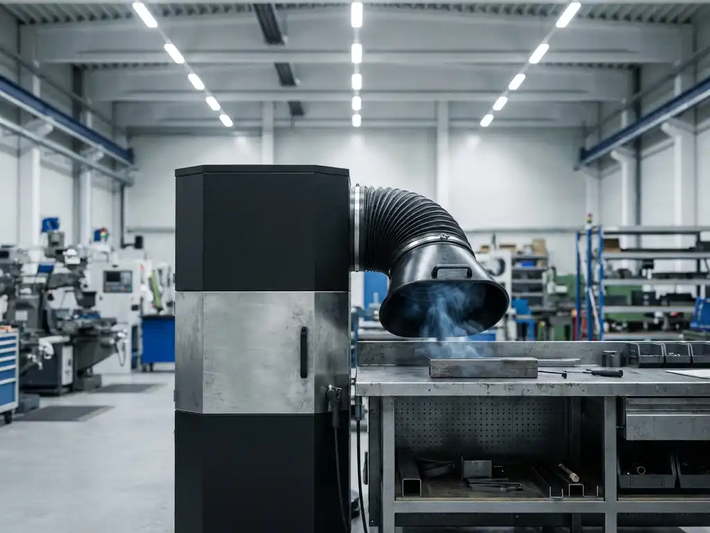 Industrielle Absauganlage neben einer Metallbearbeitungsstation zieht Schweißrauch durch eine Absaughaube ab.