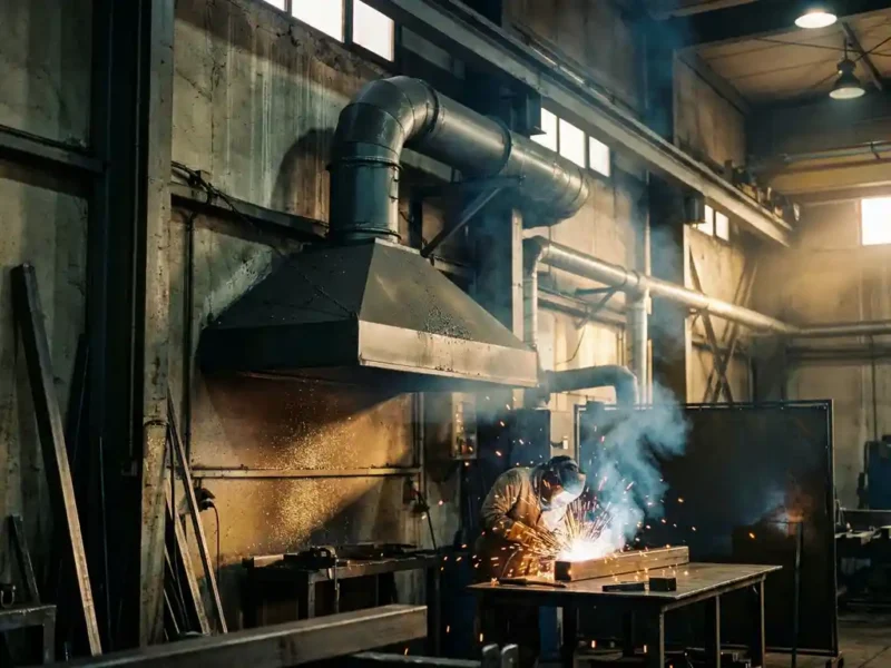 Industrielle Absauganlage an Werkstattwand zieht Schweißrauch und Metallstaub von darunter liegendem Schweißarbeitsplatz ab.