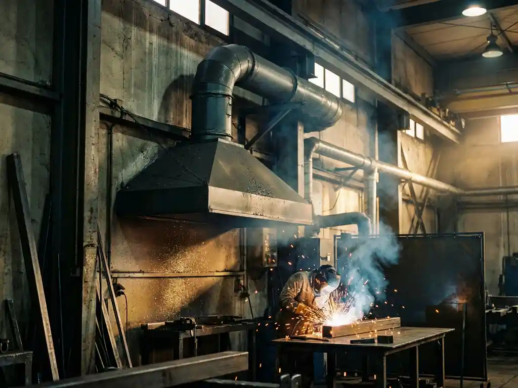 Industrielle Absauganlage an Werkstattwand zieht Schweißrauch und Metallstaub von darunter liegendem Schweißarbeitsplatz ab.