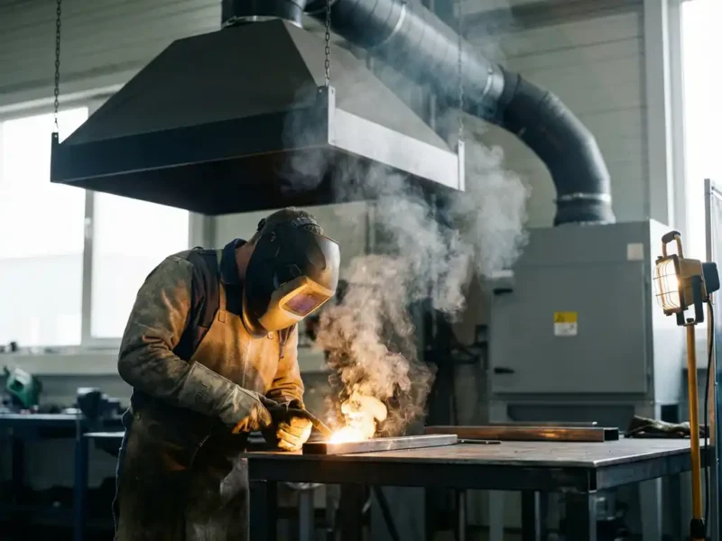 Schweißer in Schutzausrüstung an Industriearbeitsplatz, Schweißrauch steigt in Absaughaube über Filteranlage, warmes Lichtbogen-Leuchten.