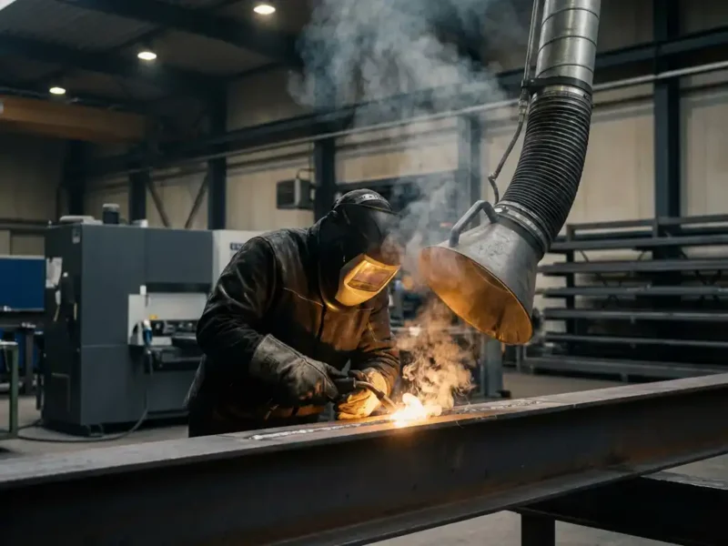 Schweißer in Schutzausrüstung mit aufsteigendem Schweißrauch, industrielle Absauganlage im Hintergrund, deutsche Fertigungshalle.