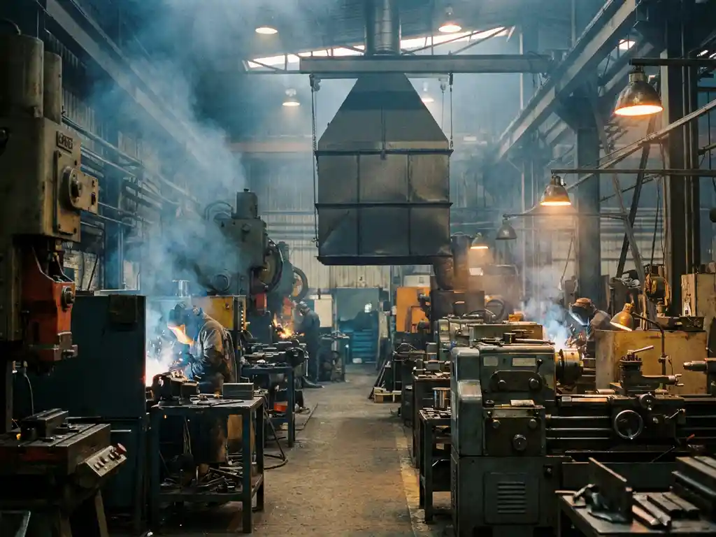 Industriehalle mit Schweißmaschinen, sichtbarer Schweißrauch und Feinstaubpartikel in der Luft, Deckenabsauganlage im Hintergrund.