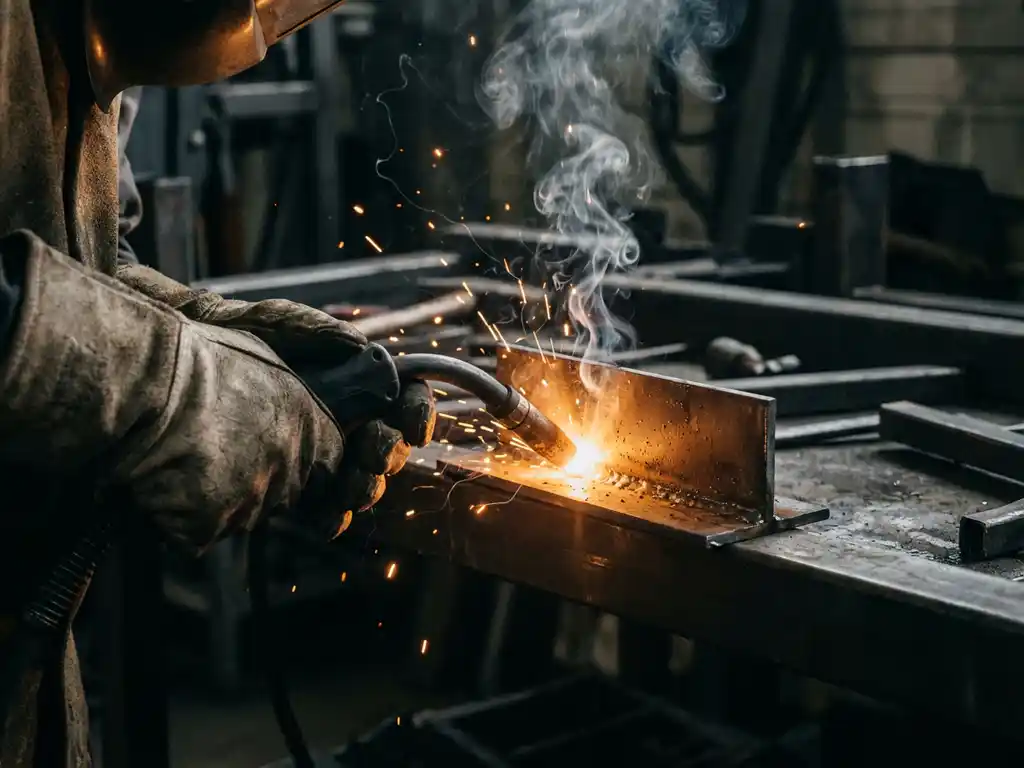 Behandschuhte Hand führt MIG-Schweißbrenner an Metallnaht, Schweißrauch steigt auf, Funken sprühen in dunkler Werkstatt.