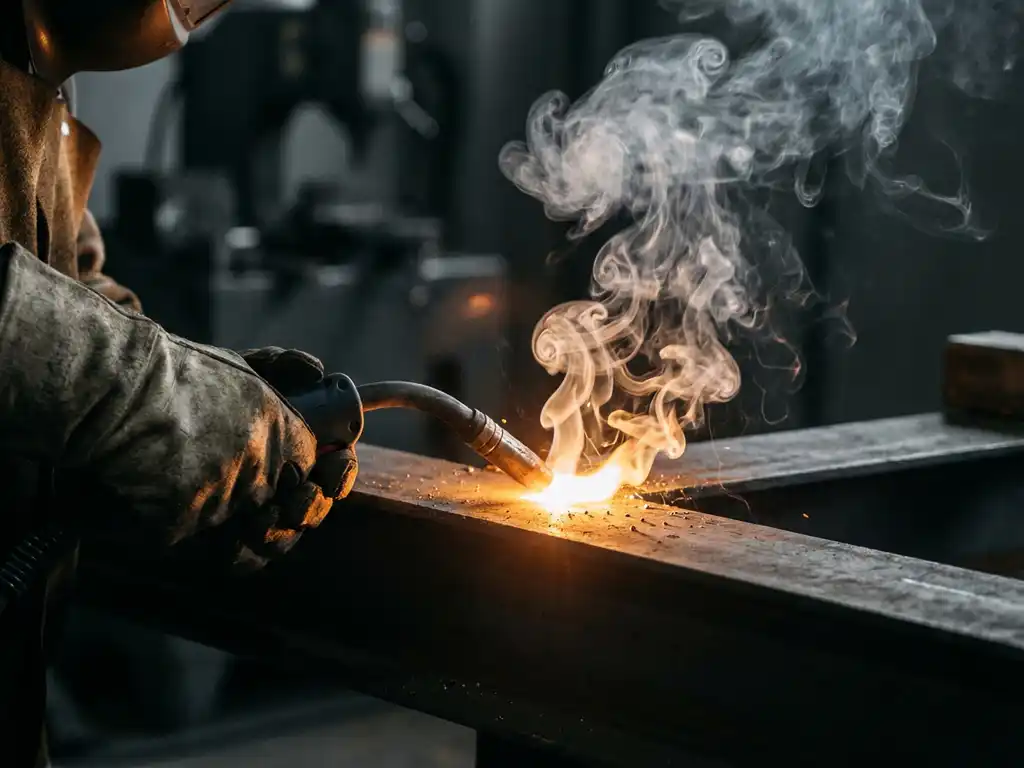 Behandschuhte Hand führt MIG-Schweißbrenner an Stahl, heller Schweißrauch steigt dramatisch vor dunklem Werkstatthintergrund auf.