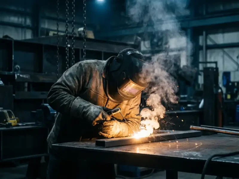 Schweißer in Schutzausrüstung an industrieller Werkbank, dichter Schweißrauch steigt auf, warmes Lichtbogen-Leuchten im dunklen Stahlwerk.