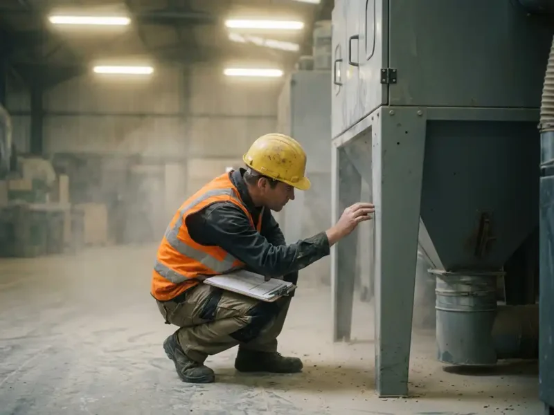 Sicherheitsbeauftragter mit Schutzhelm und Warnweste inspiziert Industrieabsauganlage in staubiger Fabrikhalle mit Klemmbrett.
