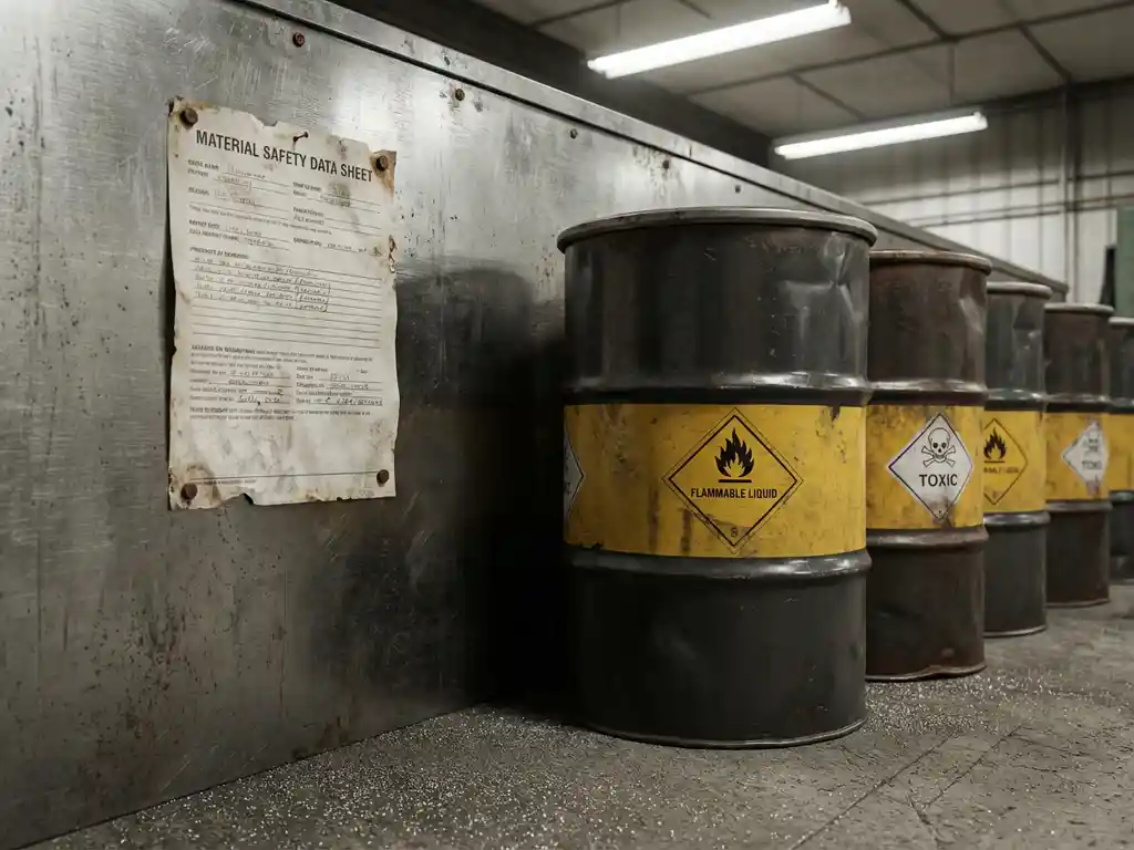 Vergilbtes Sicherheitsdatenblatt an Stahlwand neben beschrifteten Chemikalienbehältern mit gelben Gefahrensymbolen, Metallstaub auf Betonboden.