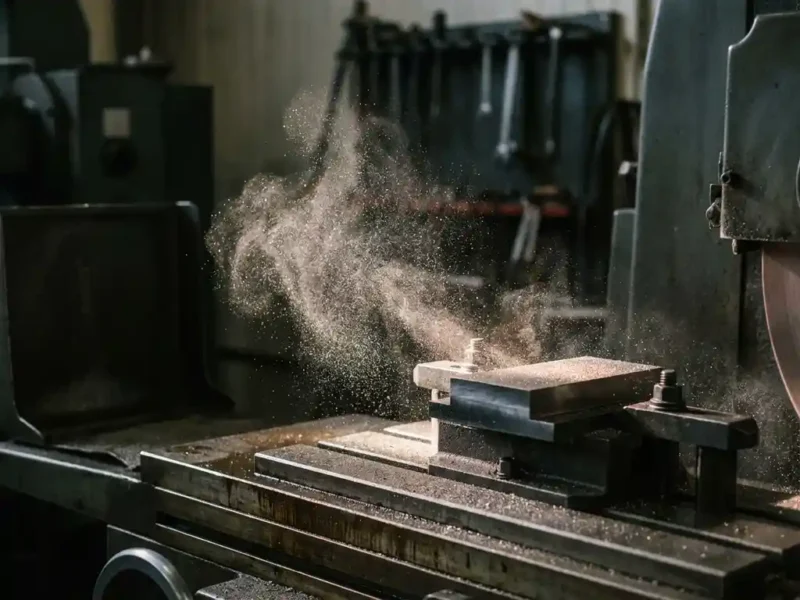 Metallstaub-Partikel schweben über frisch geschnittenem Stahl auf Schleiftisch, silberne und bronzefarbene Wolke im Fabrikseitenlicht.
