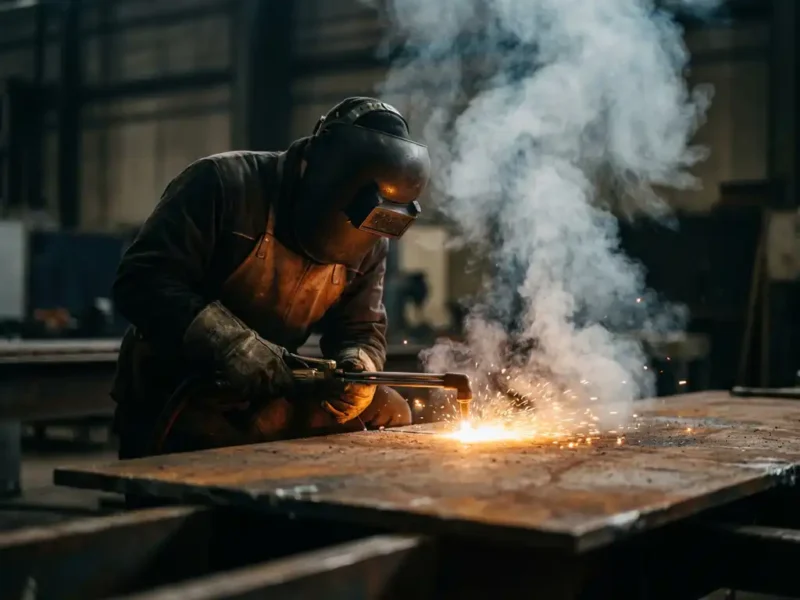Schweißer beim Autogenschneiden einer dicken Stahlplatte, orangefarbene Funken und grauer Rauch steigen in dunkler Industriewerkstatt auf.