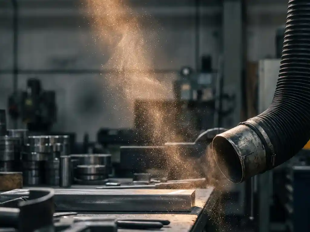Metallstaub schwebt über frisch geschliffenem Stahlwerkstück, Absaugschlauch am Bildrand, Fabriklicht durchdringt die staubige Luft.