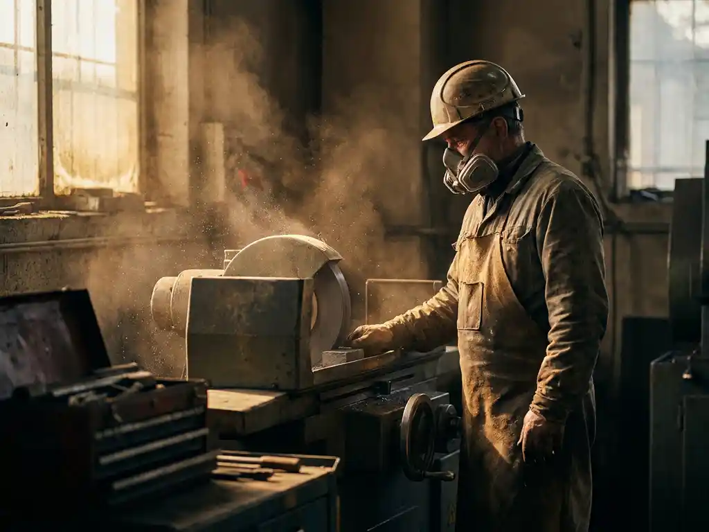Fabrikarbeiter an Metallschleifmaschine, umgeben von feinem Metallstaub in dunstiger Industrieluft, dramatisches Seitenlicht auf Schutzausrüstung.