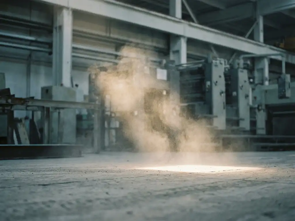 Feine Staubpartikel schweben in einem Lichtstrahl über einem Betonboden in einer Industriehalle, gedämpfte Grautöne mit warmem Gegenlicht.
