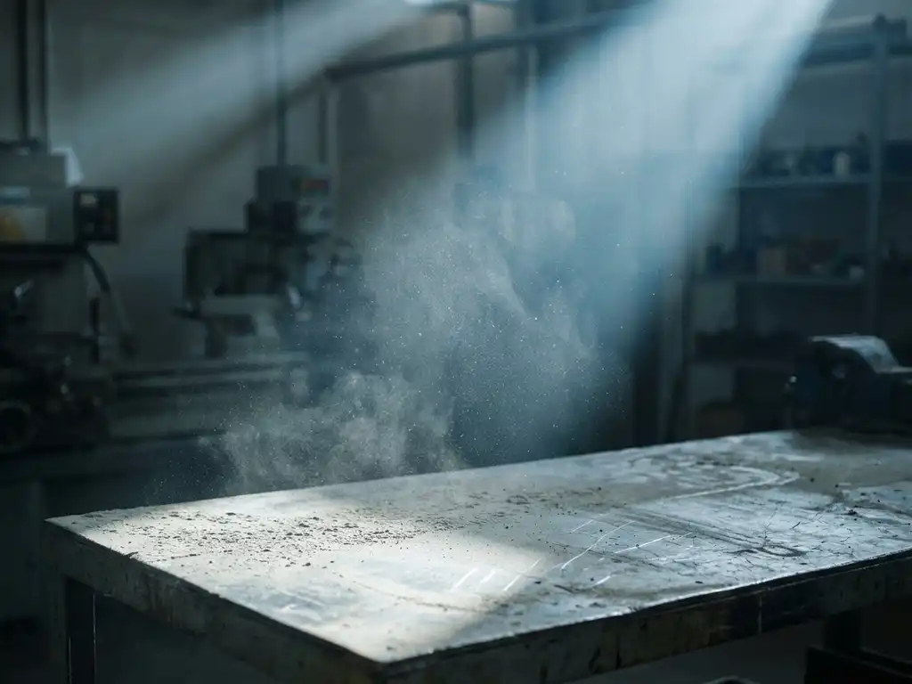 Feine graue Staubpartikel schweben in einem Lichtstrahl über einer abgenutzten Metallwerkbank in einer dämmrigen Fabrikhalle.