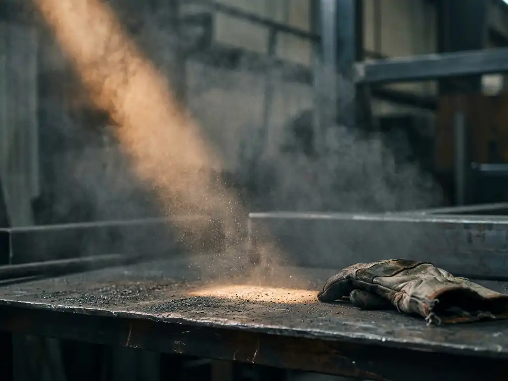 Feine Staubpartikel schweben in einem Lichtstrahl über einer Metallwerkbank, daneben ein abgenutzter Lederhandschuh.