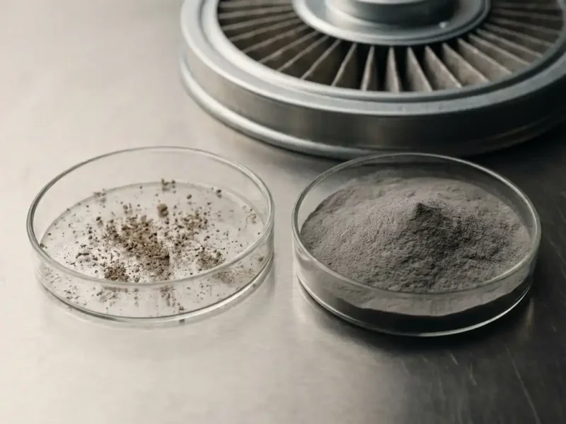 Zwei Glaspetrischalen mit grobem Staub und ultrafeinem grauem Pulver auf Stahloberfläche, Luftfilterkomponente im Hintergrund.