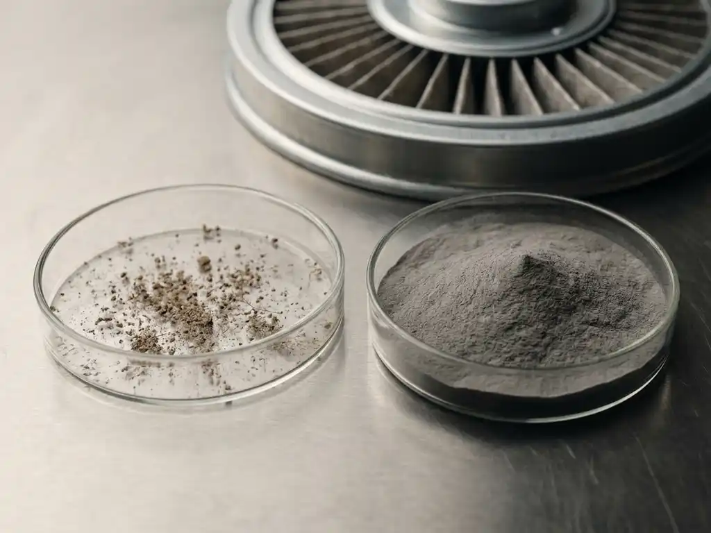 Zwei Glaspetrischalen mit grobem Staub und ultrafeinem grauem Pulver auf Stahloberfläche, Luftfilterkomponente im Hintergrund.
