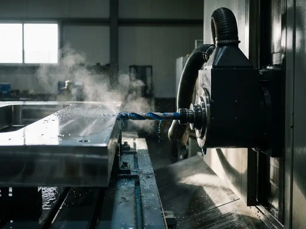 Hochgeschwindigkeits-Tiefbohrung an Metallwerkstück mit sichtbarem Kühlmittelstrahl und feinem Metallnebel in sauberer Werkzeugmaschine.