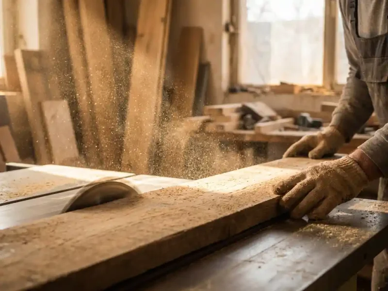 Hände eines Schreiners führen eine Holzplanke durch eine Tischkreissäge, goldener Sägemehlstaub schwebt im Morgenlicht.