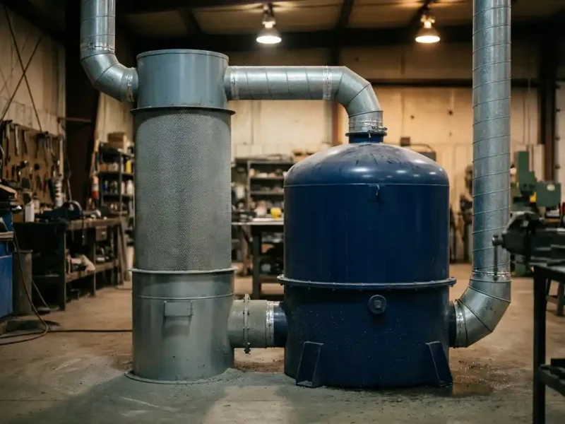 Trockenfilterkartusche und Nassabscheider nebeneinander auf Werkstattboden, verbunden durch Metallkanäle, mit sichtbarem Staub und Wassertropfen.