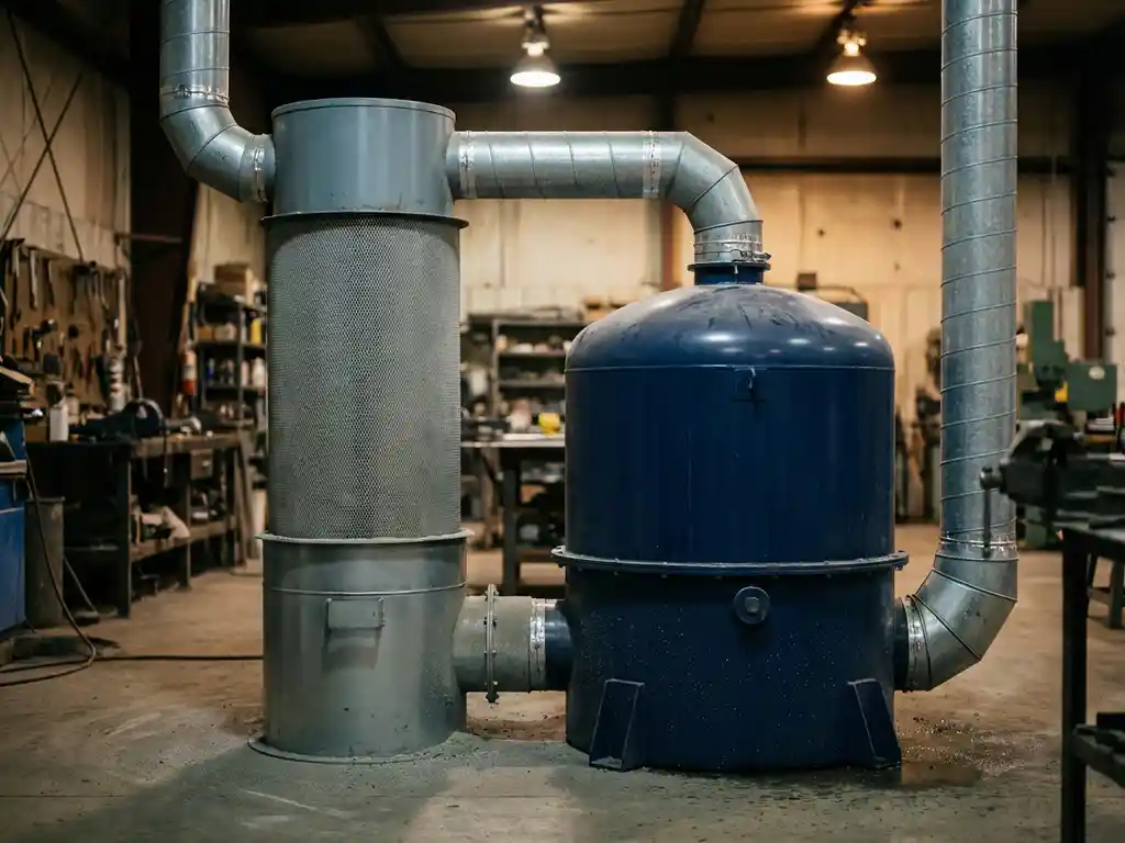 Trockenfilterkartusche und Nassabscheider nebeneinander auf Werkstattboden, verbunden durch Metallkanäle, mit sichtbarem Staub und Wassertropfen.