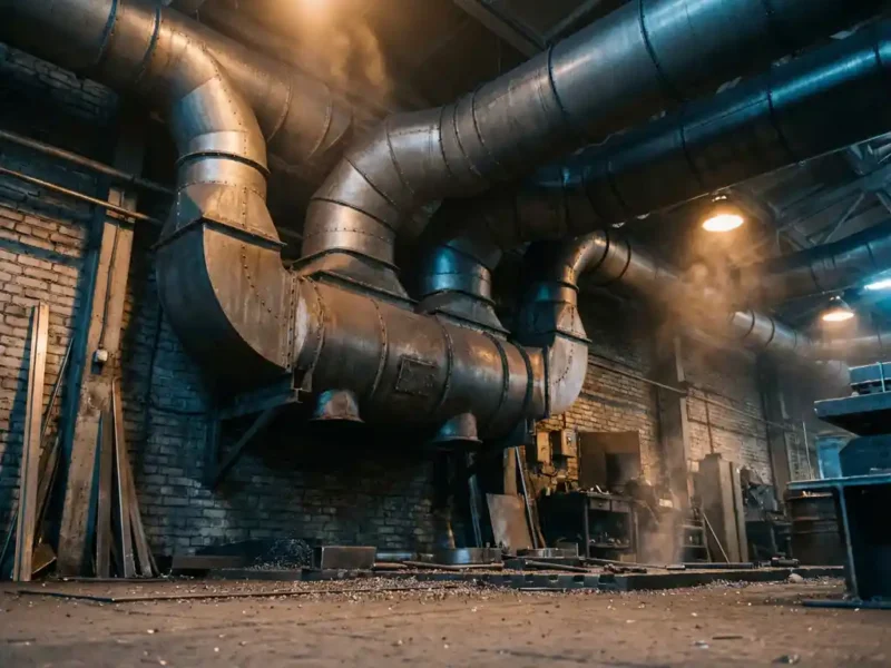 Industrielle Absauganlage an Fabrikwand mit verzweigtem Stahlkanalnetz über metallbestreutem Werkstattboden in warmem Umgebungslicht.