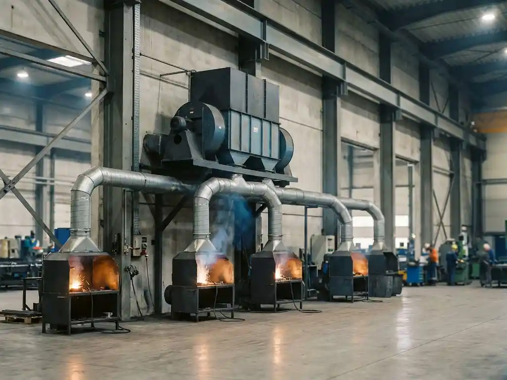 Zentrale Absauganlage an Fabrikwand mit verzweigten Lüftungskanälen, die Schweißrauch von mehreren Arbeitsplätzen abführen.