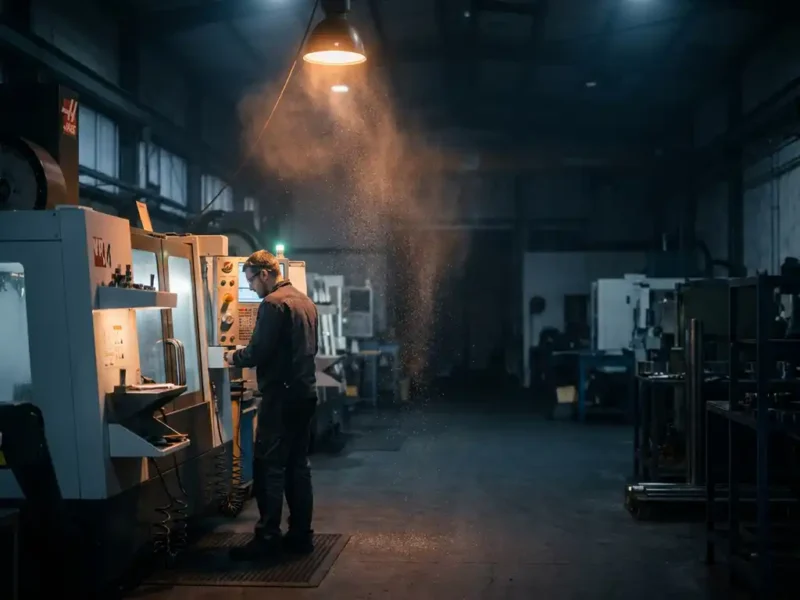 Machinist an einer CNC-Fräsmaschine in nächtlicher Fabrikhalle, metallischer Staub im Lichtkegel, industrielle Atmosphäre.