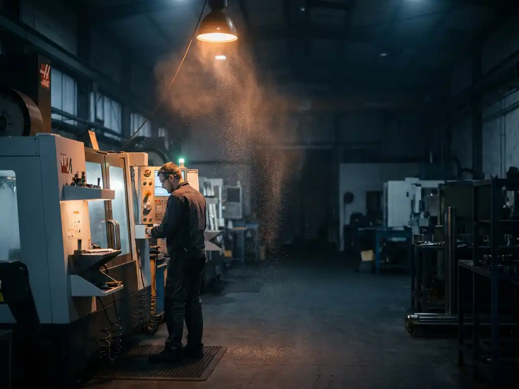 Machinist an einer CNC-Fräsmaschine in nächtlicher Fabrikhalle, metallischer Staub im Lichtkegel, industrielle Atmosphäre.
